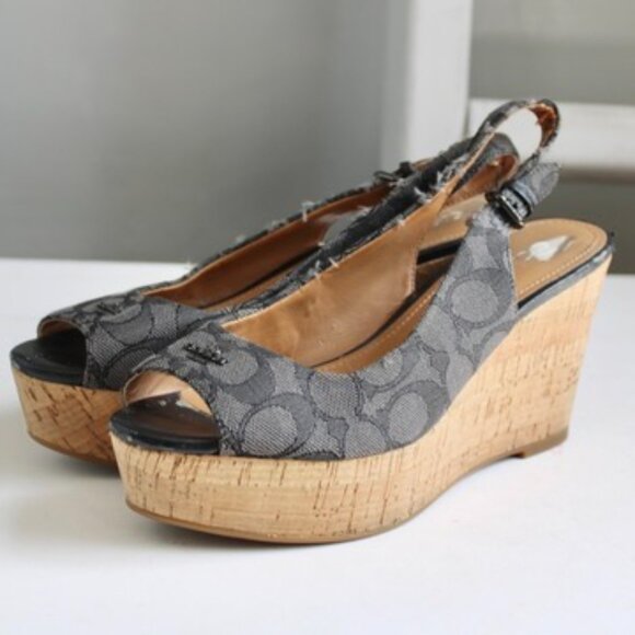 Coach Ferry Grey Logo Jacquard Tan Cork Wedge Slingback Sandal Heels Size 6.5 - Picture 2 of 8